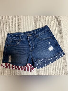 Mossimo Women's Dark Blue Distressed Denim Shorts with Flag-Print Cuffs